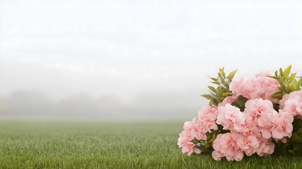 Pink carnations on misty green lawn background with copy space, perfect for memorial services, mother's day designs, wedding decorations and feminine business branding materials