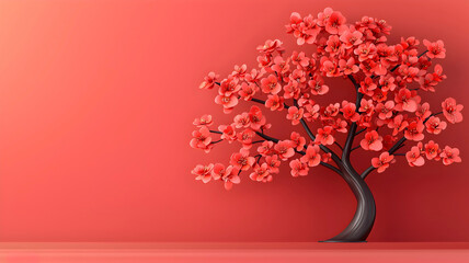 Vibrant Red Cherry Blossom Tree on Colorful Background
