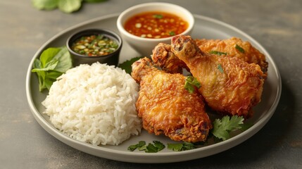 A plate of perfectly fried chicken with a crisp exterior, served with aromatic rice, fresh herbs, and a small bowl of dipping sauce, all set on a simple plate
