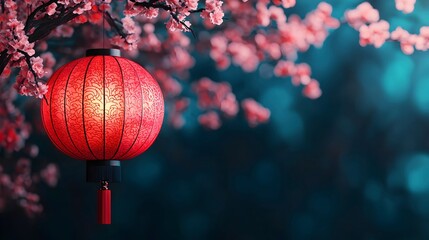 Fototapeta premium Red Lantern Hanging Among Cherry Blossom Flowers