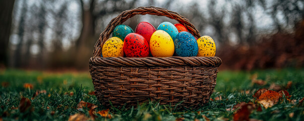 Fototapeta premium Colorful easter eggs in woven basket on grass - spring holiday theme