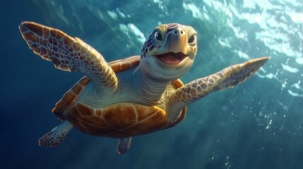 Obraz premium Smiling sea turtle swims, ocean background.