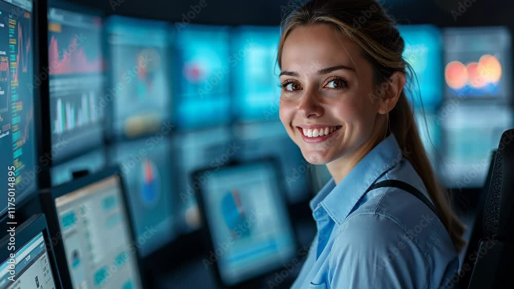 Poster smiling woman working in a high-tech control room with multiple screens displaying data and charts.