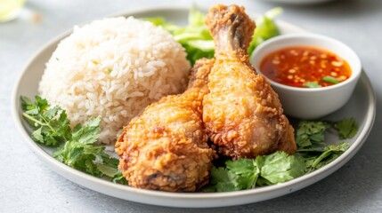 A plate of perfectly fried chicken with a crisp exterior, served with aromatic rice, fresh herbs, and a small bowl of dipping sauce, all set on a simple plate