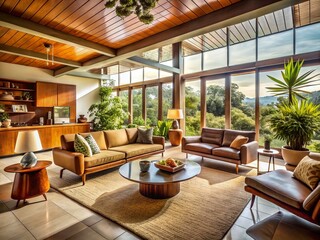 Naklejka premium Panoramic Mid Century Modern Living Room Interior Design Stock Photo