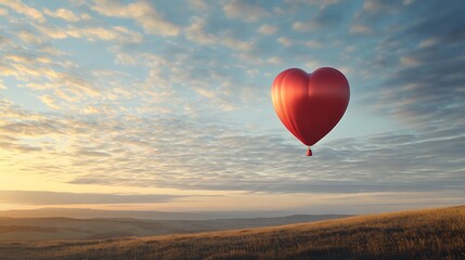 Fototapeta premium A single shiny red Valentine day balloon rising gracefully in a calm morning sky filled with soft clouds
