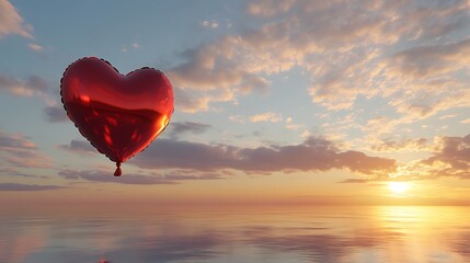 Fototapeta premium A single shiny red Valentine day balloon rising gracefully in a calm morning sky filled with soft clouds