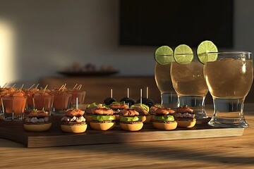 A wooden platter featuring appetizers and drinks, ideal for a social gathering.
