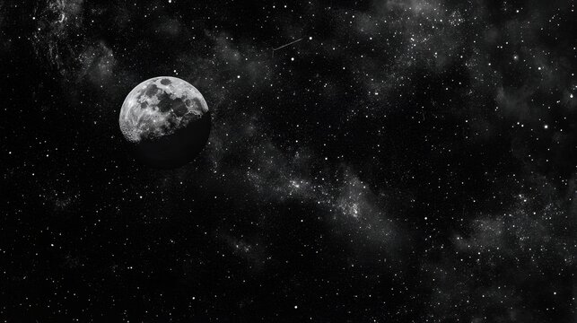 A grayscale moon against a starry night sky. Ideal for space-themed designs, websites, or social media posts.