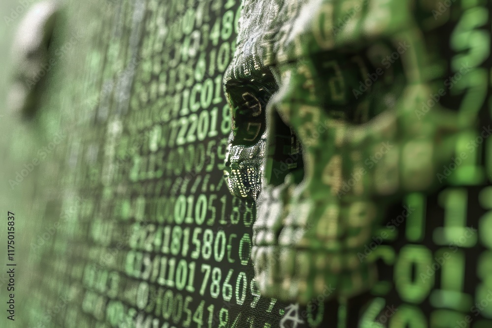 Fototapete digital skull crafted from binary code illustrates cyber threats and hacking in technology