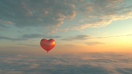 A bright red heart balloon with a shimmering finish floating gently in a serene sky filled with light clouds