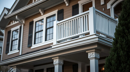 Close-up view of a brown house's second story, featuring a white balcony with vertical railings, multiple windows with black shutters, and white trim.  The house shows Craftsman architectural details.