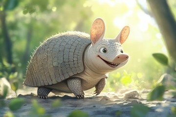 Obraz premium Smiling armadillo in sunny forest setting.