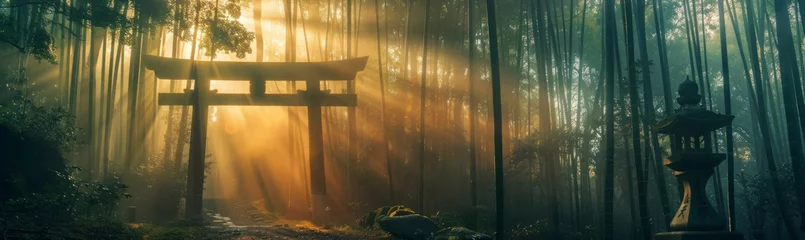 Fotobehang Golden Shinto torii gate in the midst of a misty bamboo forest, rays of light piercing through © Лилия Захарчук
