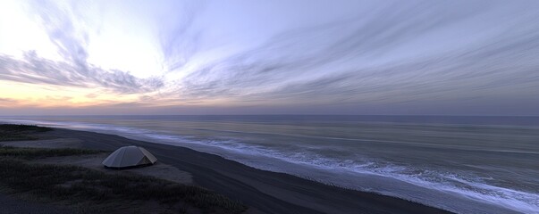 A serene beach scene at dusk with a tent beside gentle waves and a colorful sky.