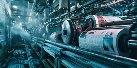 Fototapeta premium A printing press rapidly churning out newspapers, with the machinery's rhythmic motions creating a hypnotic effect