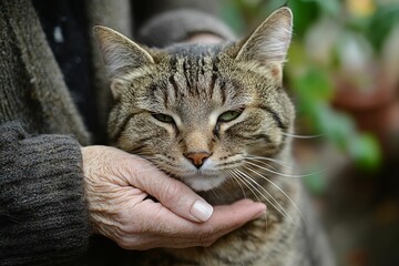 Fototapeta premium Elderly person gently petting tabby cat.