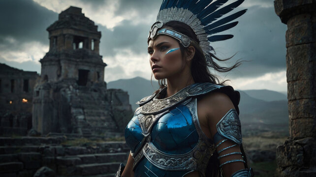 A powerful, mythical female warrior standing amidst ancient ruins
