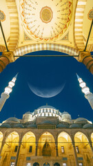 Islamic background photo. Suleymaniye Mosque and crescent moon