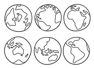 Hand drawn outline cute earth plane isolated white background.