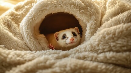 Fototapeta premium Small mammal snuggles in fluffy, beige bedding.
