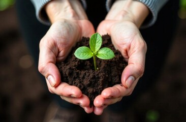 sprout and earth in men's hands close-up
