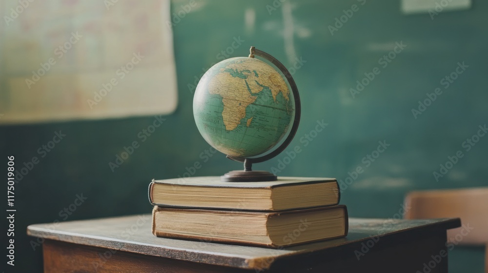 Poster vintage globe on stack of books in classroom setting