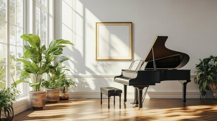 A grand piano in a corner of a luxurious living room with blank white walls