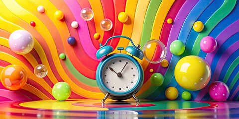 Obraz premium Bright bubbles dance and spin, showcasing a vibrant cartoon clock.