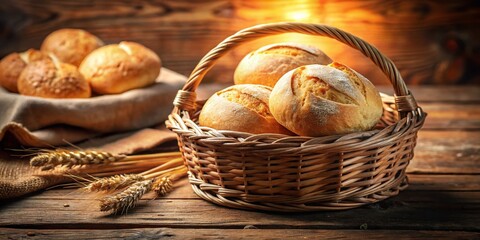 Panoramic Soft Roll in Rattan Basket on Wooden Cutting Board - Rustic Bakery Still Life