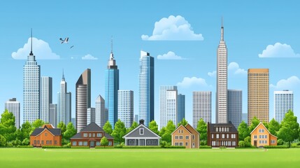 Fototapeta premium Modern City Skyline with Suburban Houses and Lush Green Space