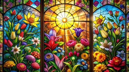 Panoramic Stained Glass Flower Window, Vibrant Colorful Floral Design, Artistic Light, Architectural Detail