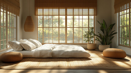 Fototapeta premium bright and airy bedroom with minimalistic decor, featuring cozy bed, natural light, and plants. serene atmosphere invites relaxation and tranquility