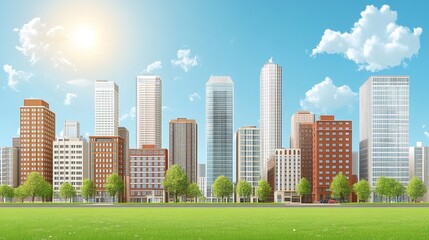 Obraz premium Modern cityscape skyline with green park in sunny weather