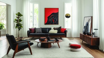 A modern living room with sleek furniture, bold artwork, and blank white walls