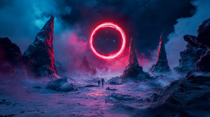 Obraz premium Surreal landscape with towering rock formations and glowing circular portal at dusk