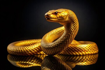 Fototapeta premium Golden Snake Statue, Coiled Serpent, Low Light, Isolated Background