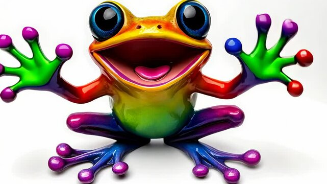 Colorful frog with rainbow colored legs and a big smile. The frog is holding its arms out to the side and he is happy