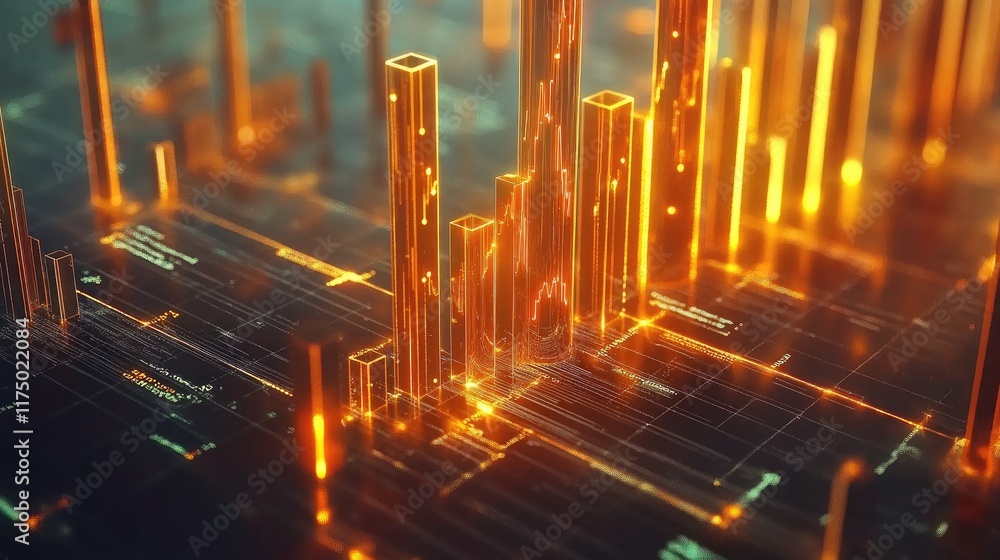 Poster d bar graph with upward trends on a digital interface, surrounded by financial symbols and glowing e