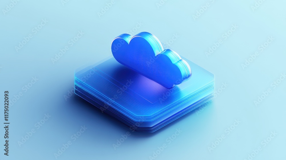 Poster a stylized blue cloud hovers over a layered square platform. represents cloud computing, data storag