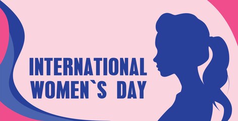 International Women's Day banner concept with the silhouette of a young woman against pink background. Vector illustration