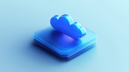 A stylized blue cloud hovers over a layered square platform. Represents cloud computing, data storage, or digital services. Ideal for tech or software-related designs.