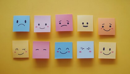 Obraz premium Colorful post it notes featuring happy and sad faces for kids emotional intelligence training