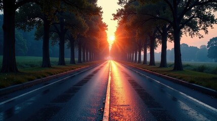 Serene sunrise illuminates an asphalt road lined with majestic trees, creating a picturesque path forward