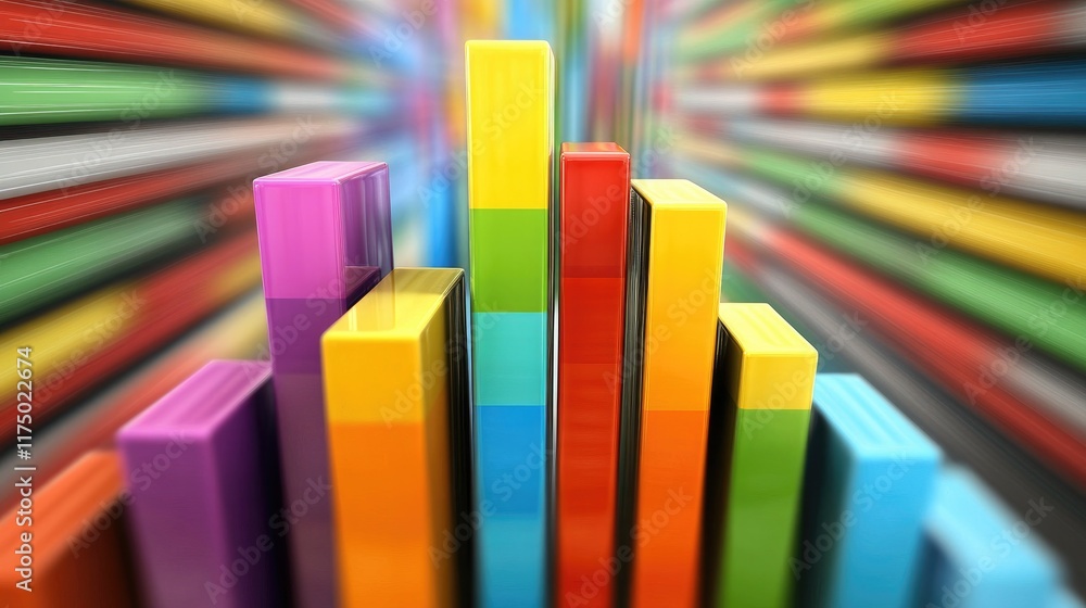 Poster abstract financial bar graph with sharp, colorful columns rising in height, on a blurred background 