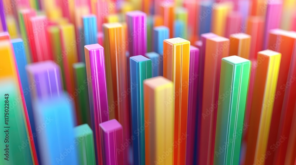 Poster abstract financial bar graph with sharp, colorful columns rising in height, on a blurred background 