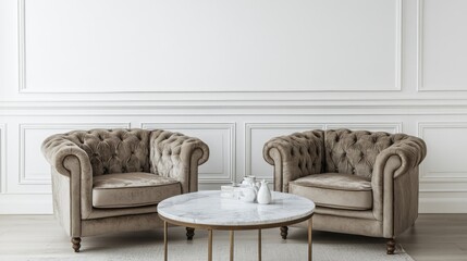 A pair of tufted armchairs with a marble coffee table against blank white walls
