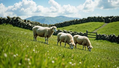 Obraz premium three Sheep grazing on green grass in sunny countryside