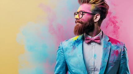 Fototapeta premium A stylish man with a well-groomed beard, wearing a blue suit and a pink bow tie, all in multi-colored powder. The background is a mixture of soft pink and yellow shades, festival of Holi