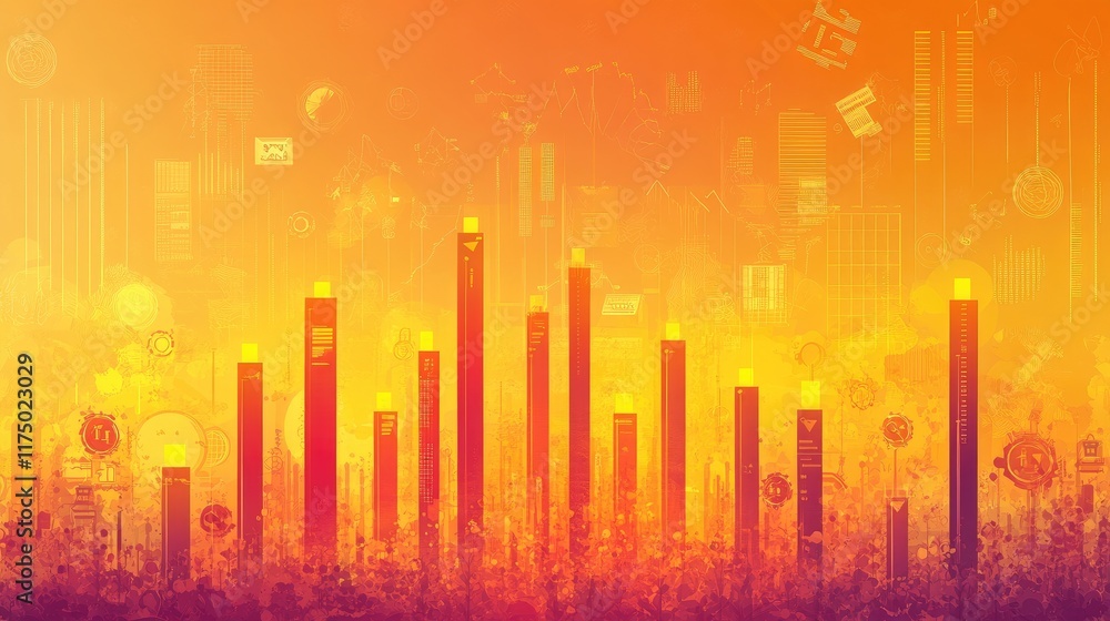 Aufkleber abstract financial bar graph with sharp, colorful columns rising in height, on a blurred background 